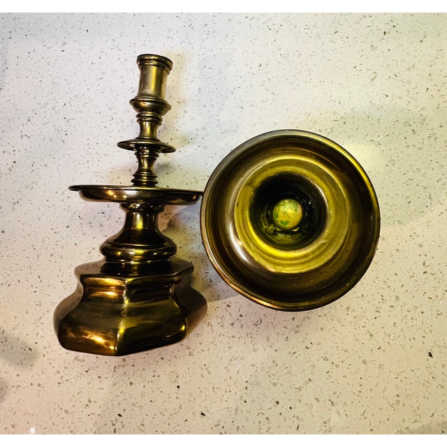 1960s Vintage Traditional Brass Candlestick Holders Pair For Sale - Image 5 of 5