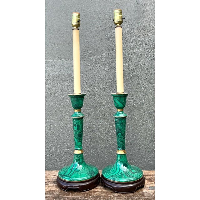 Vintage Green Lacquered Candlestick Table Lamps - Pair For Sale In West Palm - Image 6 of 12