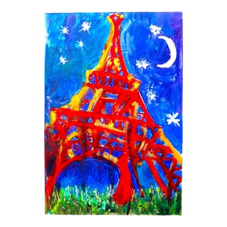 Eiffel Tower at Night -Original Painting on Paper For Sale