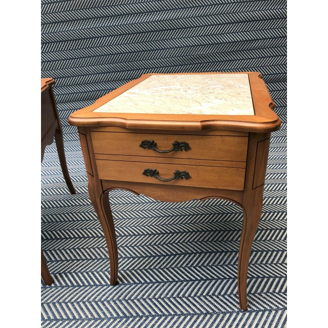 Vintage Hekman Furniture Side Tables with Drawers and Inlayed Marble Tops. Although these are vintage, they are in...