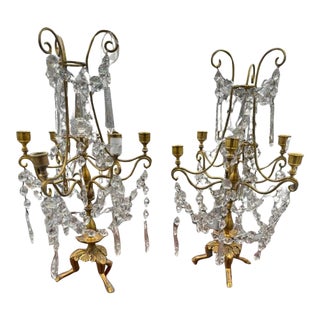 Circa 1860 Pair of Girandoles in Gilded Bronze With Crystal Ornaments For Sale