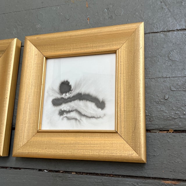 Contemporary Contemporary 2 Original Abstract Ink Painting Gold Frames-a Pair For Sale - Image 3 of 4