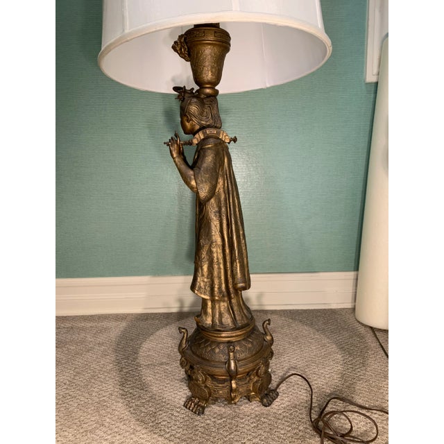 Mid 20th Century Vintage Figural Brass Lamp With Drum Shade For Sale - Image 5 of 12