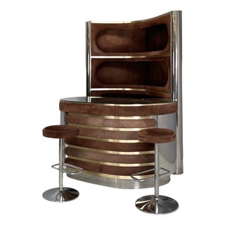 Italian Modern Bar Cabinet with Stools in Suede and Metal, 1970s, Set of 3 For Sale