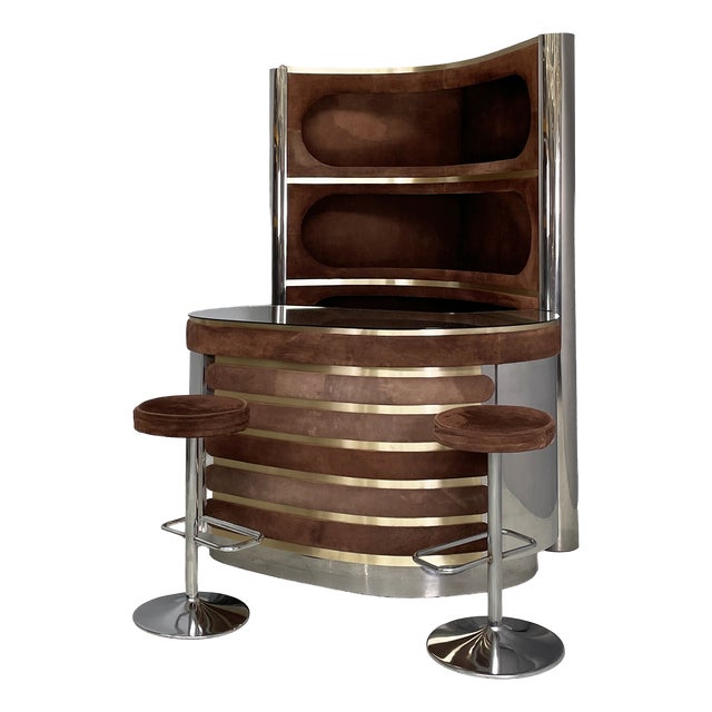 Italian Modern Bar Cabinet with Stools in Suede and Metal, 1970s, Set of 3 For Sale