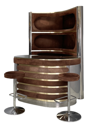 Italian Modern Bar Cabinet with Stools in Suede and Metal, 1970s, Set of 3