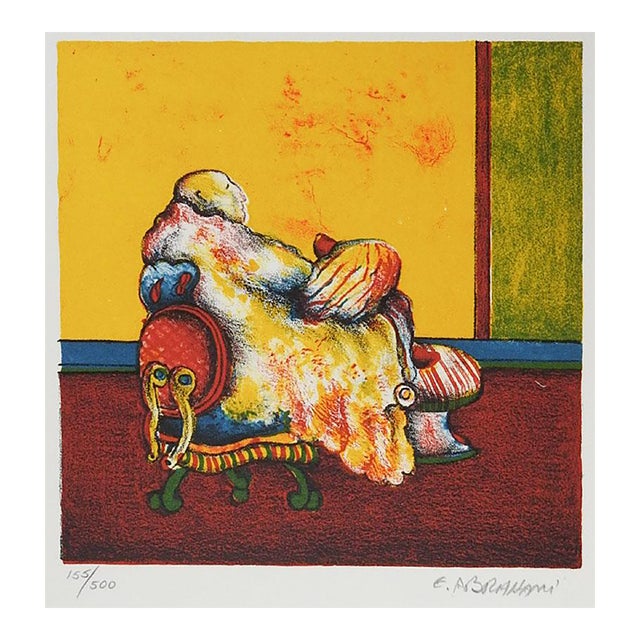 Contemporary Colorful Surreal Etching Man in Chair For Sale