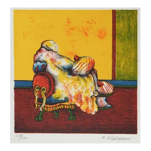 Contemporary Colorful Surreal Etching Man in Chair
