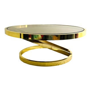 1970s Vintage Milo Baughman Zig Zag Coffee Table, Round. Brass With Smoked Glass For Sale