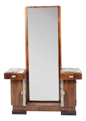 1930s Art Deco Donald Deskey Style Palisander Wood and Marble Vanity W/ Full Mirror