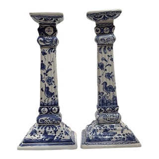 Vintage Delft Ceramic Andrea by Sadek Portuguese Hand Painted Blue & White Candlesticks -Set of 2 For Sale