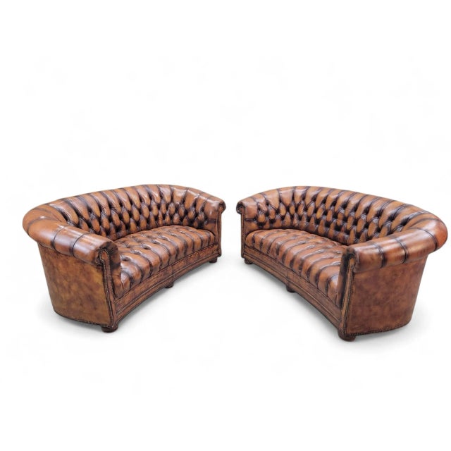 Textile Vintage English Tufted Distressed Cognac Leather Chesterfield Sofa - Pair For Sale - Image 7 of 10