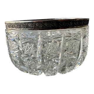 Art Nouveau Silver Rimmed Deeply Brilliant Cut Glass Round 6" Accent Bowl For Sale