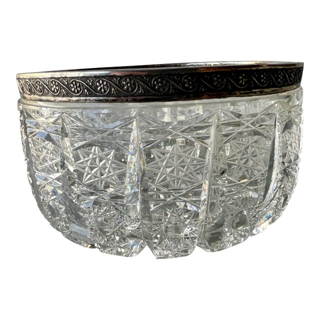 Art Nouveau Silver Rimmed Deeply Brilliant Cut Glass Round 6" Accent Bowl For Sale