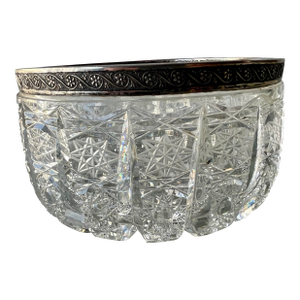 Art Nouveau Silver Rimmed Deeply Brilliant Cut Glass Round 6" Accent Bowl