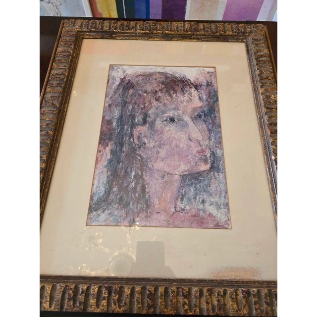 Light Pink Vintage Mid Century Modern Watercolor Painting of Girl For Sale - Image 8 of 12