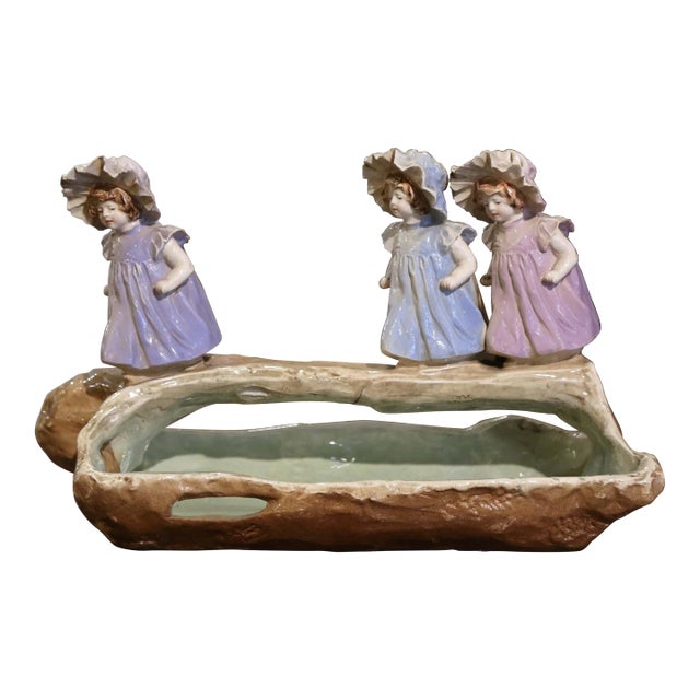 19th Century French Barbotine Centerpiece Jardinière With Young Girls For Sale
