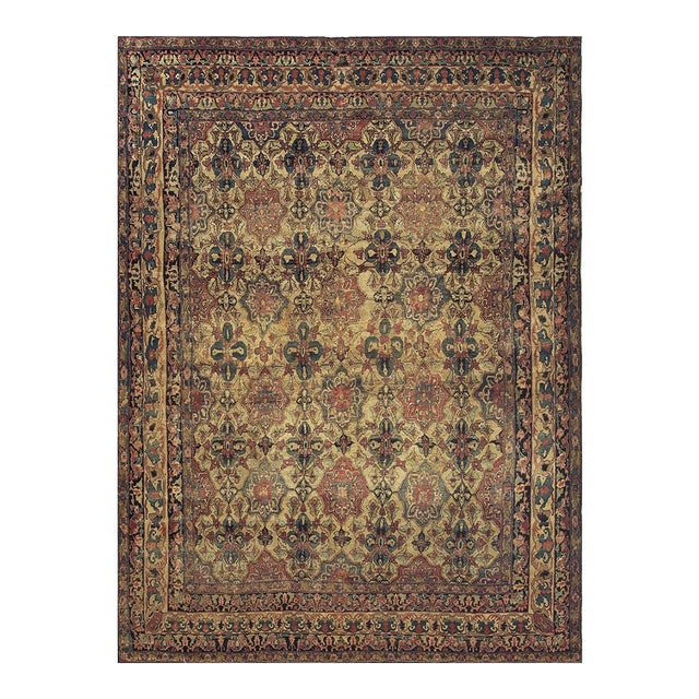 1840s Beige Ground Geometric Floral Antique Kerman Handknotted Silk Carpet Rug For Sale