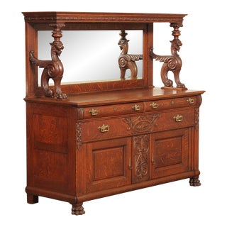 Antique Renaissance Revival Solid Oak Griffin Carved Mirrored Sideboard or Buffet For Sale