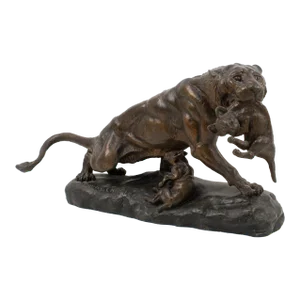 Thomas Cartier Art Deco Bronze-Patinated Spelter Sculpture, Lioness With Cubs