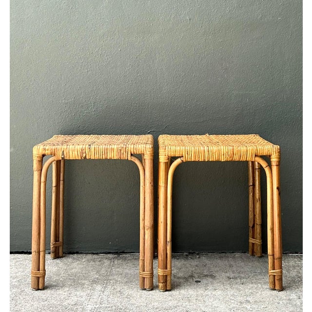 Mid-Century Modern Vintage Woven Rattan Side Tables - Pair For Sale - Image 3 of 16