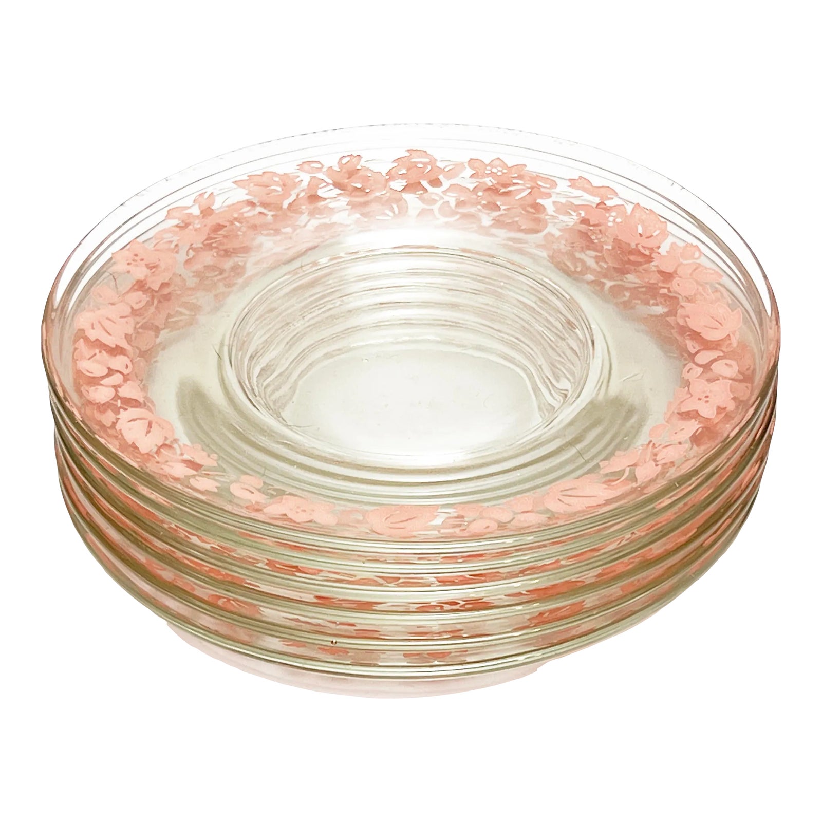 1960's MidCentury Modern Clear Glass Dessert Plates With Pink Floral