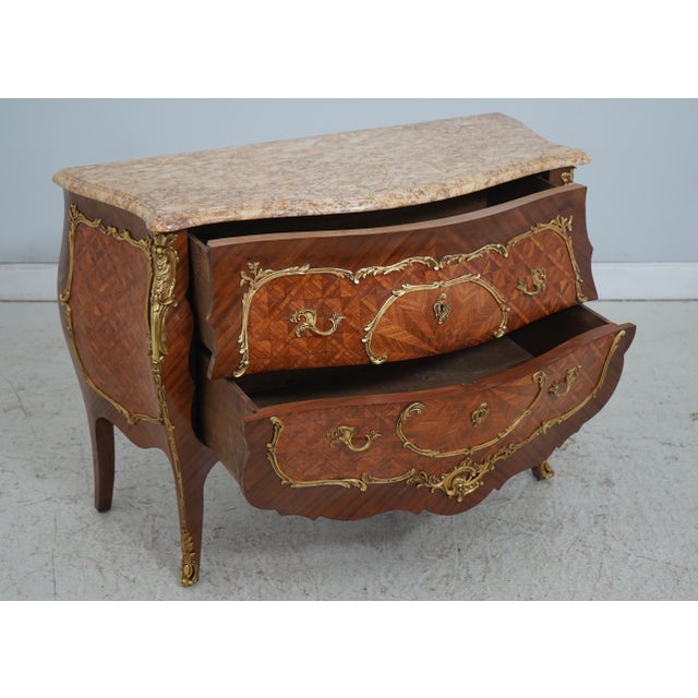 French French Louis XV Vintage Marble Top Marquetry Commode For Sale - Image 3 of 17