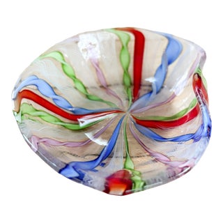 Murano Zanfirico Latticino Rainbow Glass Trinket Dish, 1960's Italian Handblown Art Glass For Sale