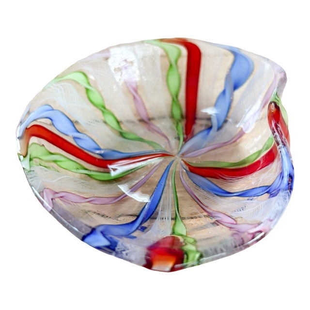 Murano Zanfirico Latticino Rainbow Glass Trinket Dish, 1960's Italian Handblown Art Glass For Sale