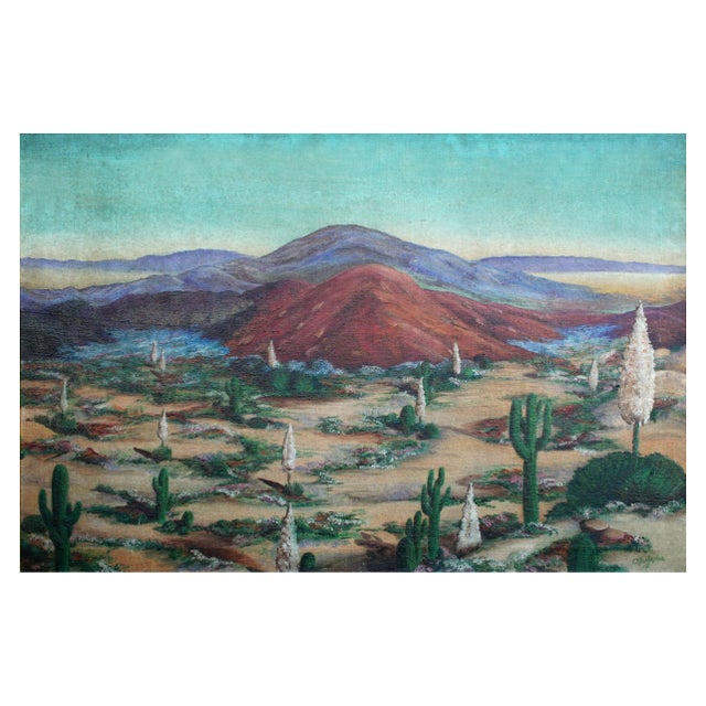 Mid Century Southwest Desert Landscape in Oil on Canvas Vast Southwest plein air landscape of a desert scene with...