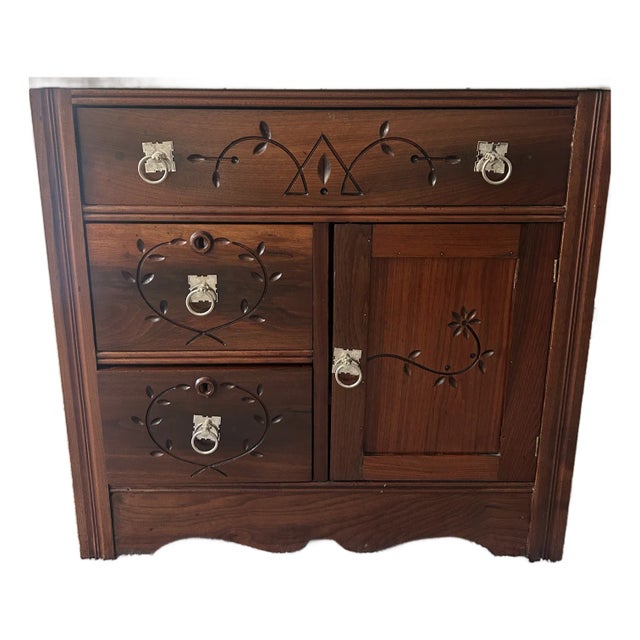 Victorian Eastlake Walnut Washstand With Marble Top — Incised Decoration, Circa 1880s For Sale