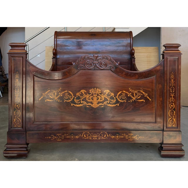 Wood Italian Carved Inlaid Mahogany Burl Bed, 19th Century For Sale - Image 7 of 17
