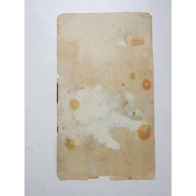 Vintage early 20th century Japanese woodblock print on paper of white cat with red bow watching a butterfly by Ohara Koson...