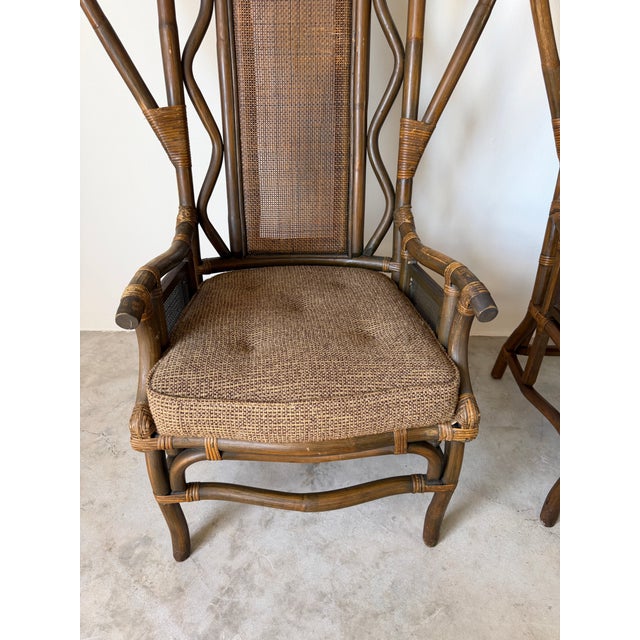 Vintage Bent Rattan & Wicker High Back Chippendale Style Arm Chairs - A Pair For Sale - Image 9 of 18