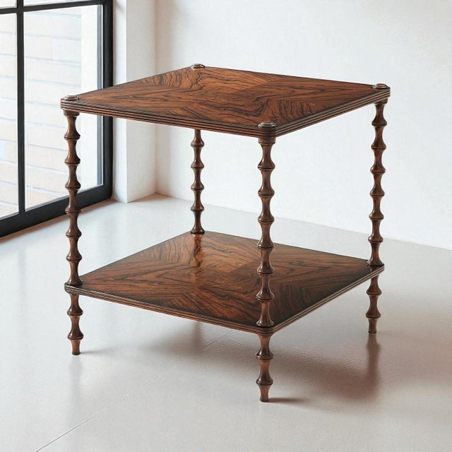 A Pacific walnut side table, the square top with rounded corners and a reeded edge above a similar under tier, on bobbin...