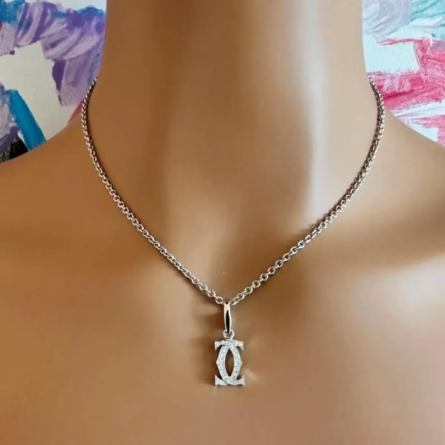 Cartier Double C 18k White Gold Diamond Pendant Necklace For Sale In Philadelphia - Image 6 of 12