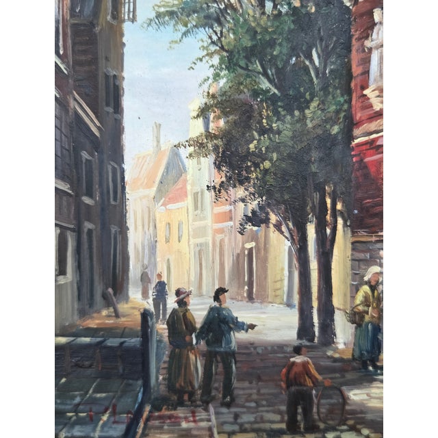 Late 20th Century Late 20th Century P. Larson Realism European Cityscape Oil Painting on Board For Sale - Image 5 of 10