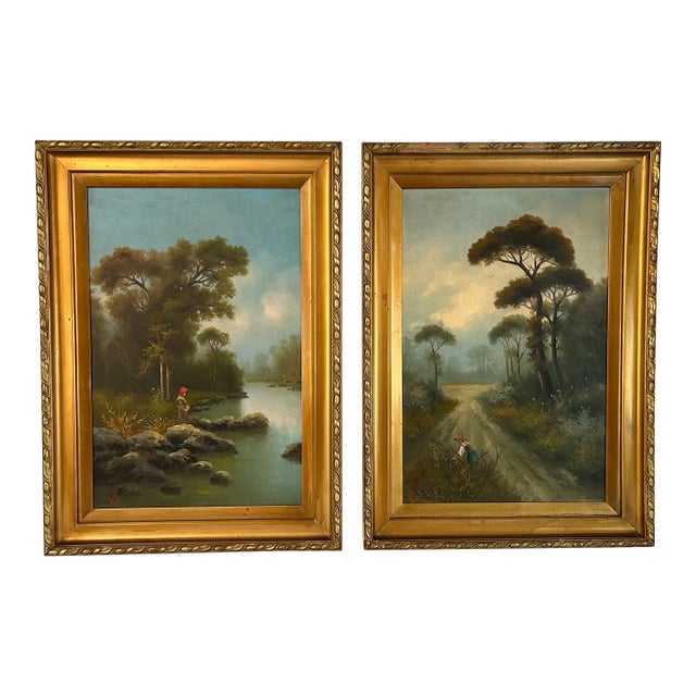 Pair of Antique 19th Century Continental Vertical Landscape Paintings For Sale