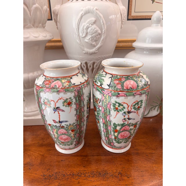 Chinoiserie Mid Twentieth Century Chinese Famille Rose Medallion Matched Pair of 9.75” Vases For Sale - Image 3 of 8