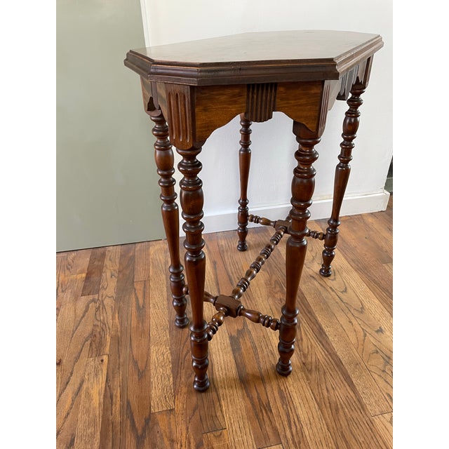 Wood Antique Victorian Burl Walnut Octagonal Side Table, Bobbin Turned Legs For Sale - Image 7 of 10
