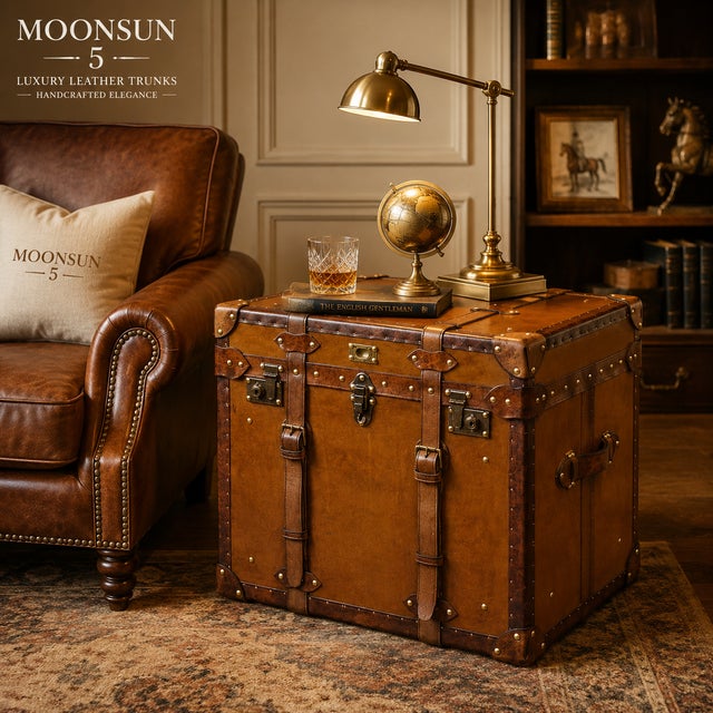 Handmade Leather Storage Trunk Side Table, Vintage English Belted Chest, Tan Leather Occasional Table, Brass Hardware Campaign Furniture For Sale - Image 4 of 8