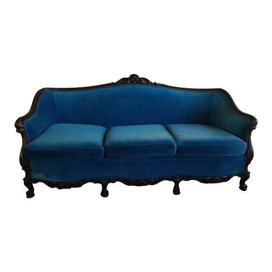 Antique Victorian French Style Mahogany & Blue Velvet Sofa Chairish