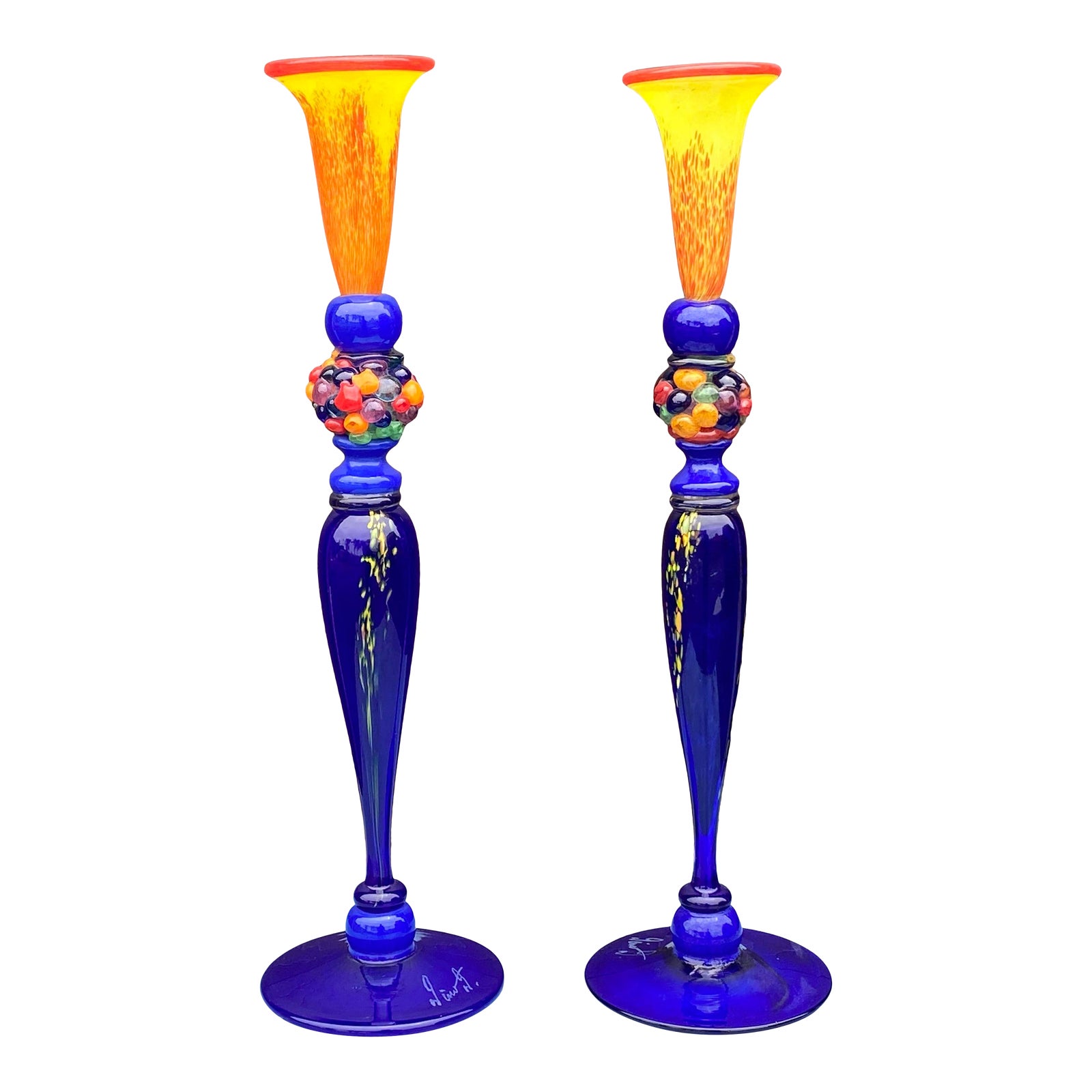 Vintage Signed European Art Glass Decorative Candle Holders a Pair