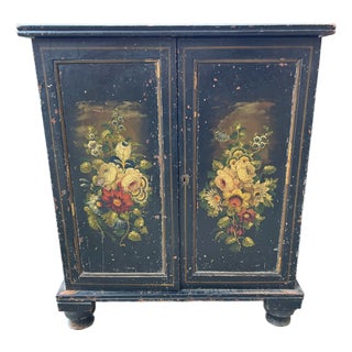 Victorian Black Ebonised Pine Cabinet with Hand‑painted Floral Decoration For Sale