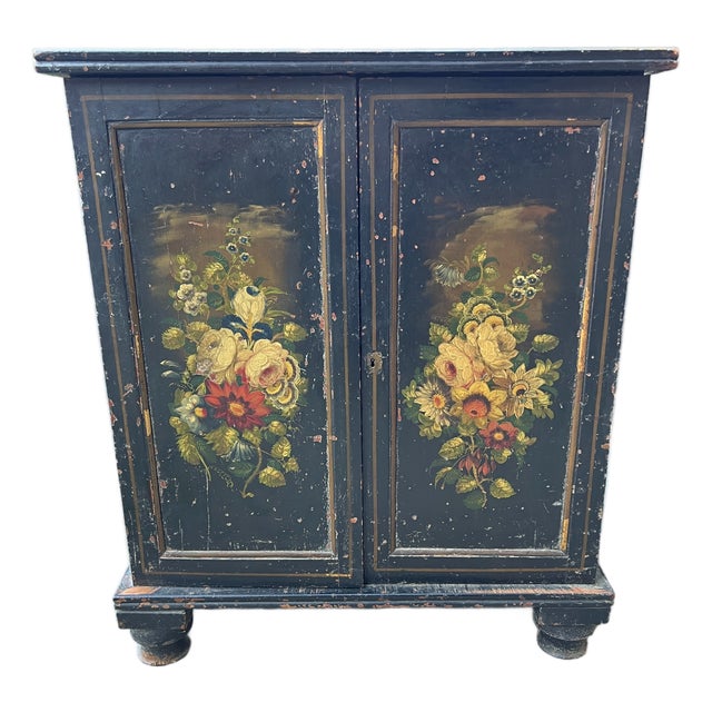 Victorian Black Ebonised Pine Cabinet with Hand‑painted Floral Decoration For Sale