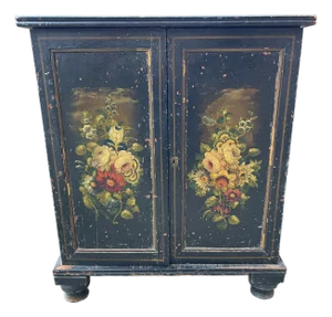 Victorian Black Ebonised Pine Cabinet with Hand‑painted Floral Decoration
