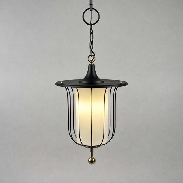 Mid-Century Black Caged Lantern Pendant in Brass and Milk Glass, France, 1950s For Sale - Image 10 of 17