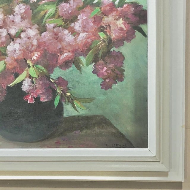 Antique Hand-Painted Still Life Oil on Canvas, Cherry Blossoms by E. Devos in Original Frame For Sale - Image 9 of 14