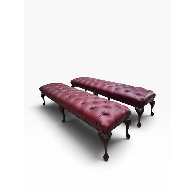Burgundy Antique Chippendale Style Carved Tufted Benches Newly Reupholstered in Burgundy Leather- Pair For Sale - Image 8 of 12