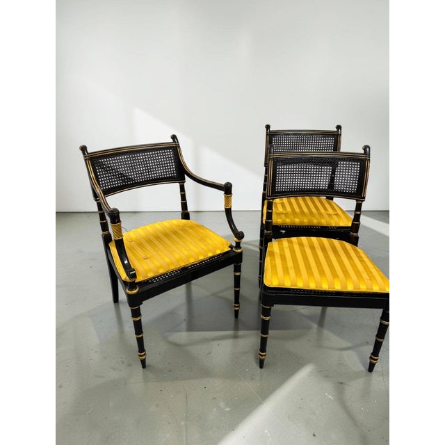 Black Late 20th Century Set of Six Baker Furniture Regency Ebonized and Parcel Gilt Cane Dining Chairs For Sale - Image 8 of 14